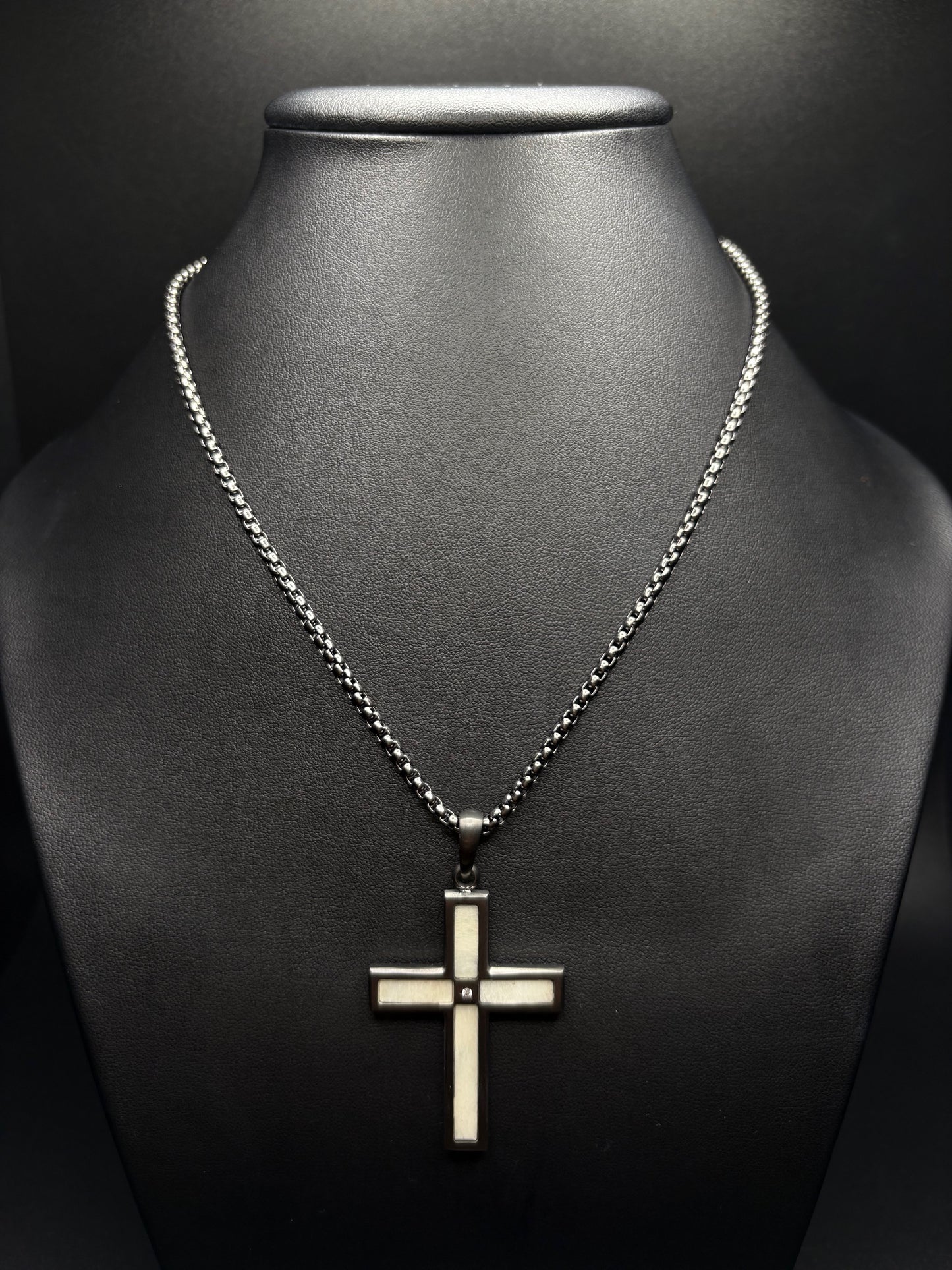 Gun Metal IP Steel Matte Finish Deer Antler Inlay with CZ Cross Pendant
