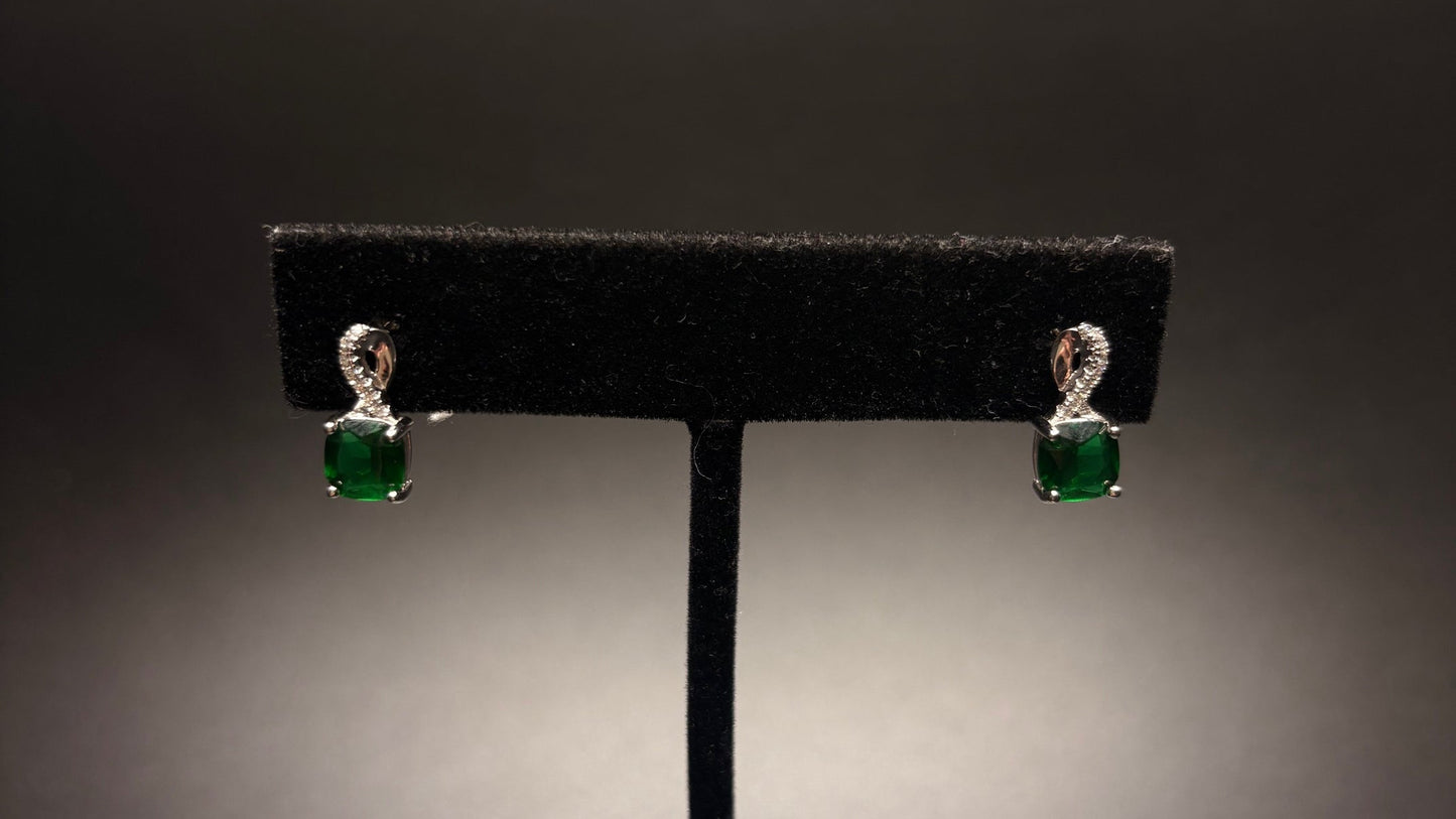Sterling Silver Cz Imitation Emerald Square Earrings