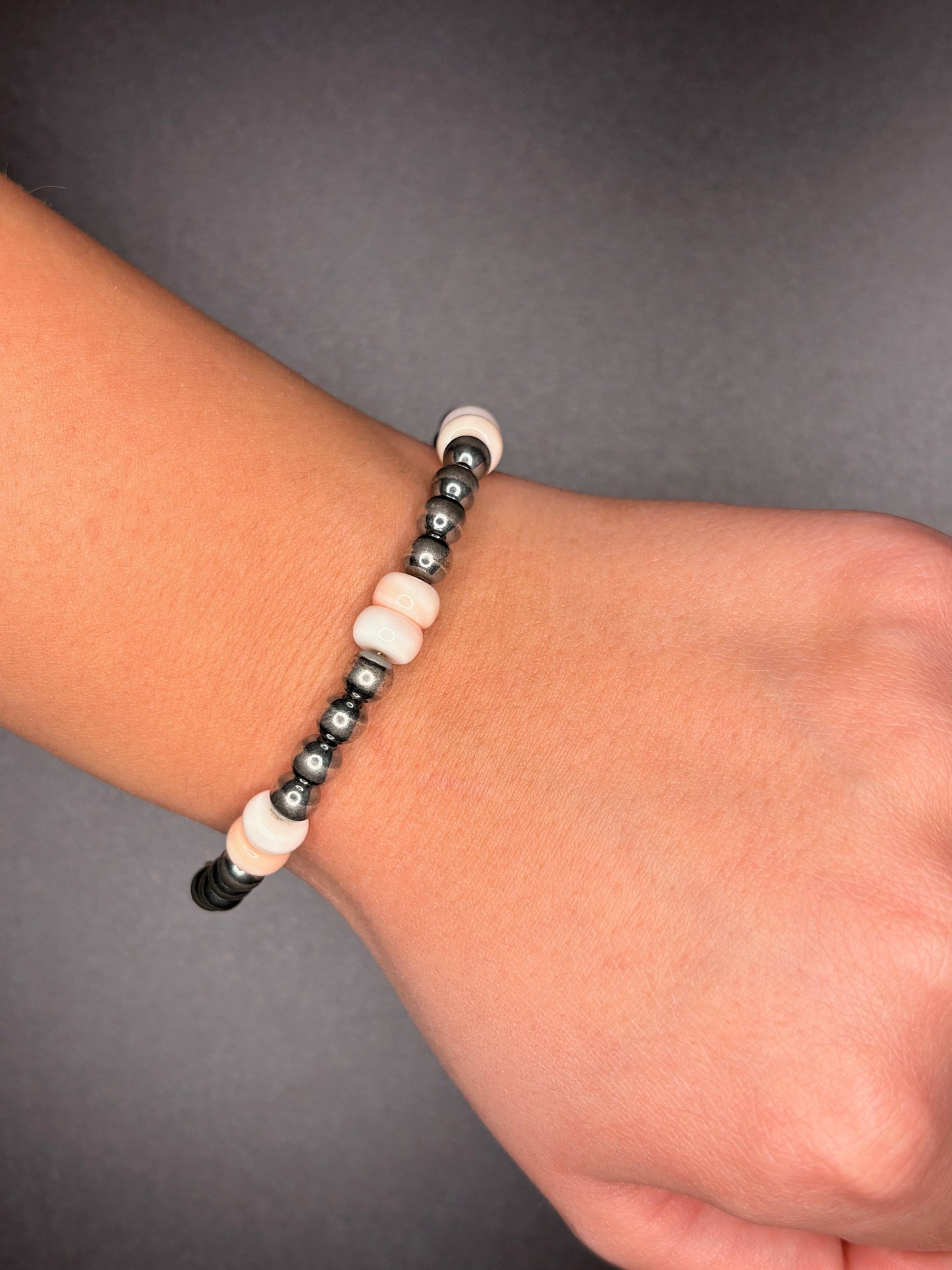 Sterling Silver Navajo Bracelet with Pink Conch Heisi
