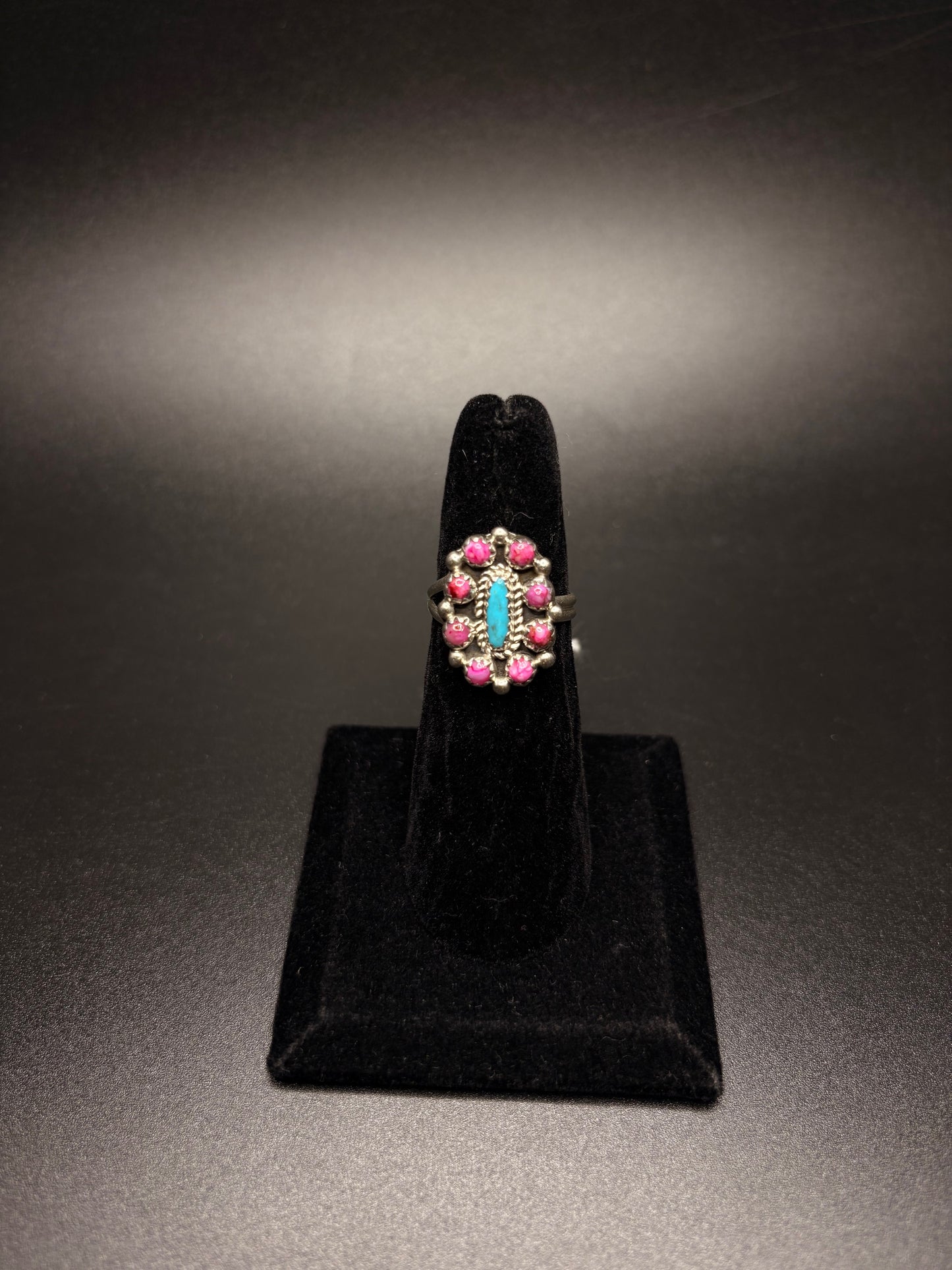 Sterling Silver Turquoise & Pink Dahlia Adjustable Ring