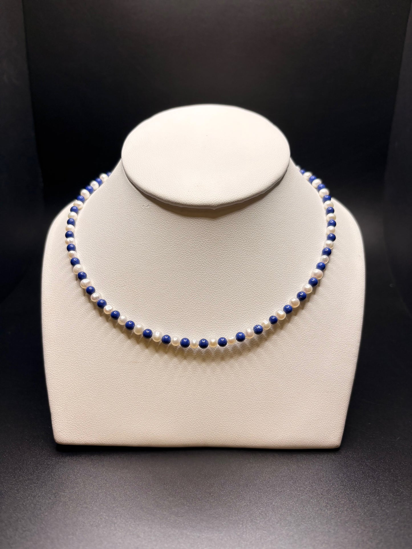Sterling Silver Blue And Pearl Beaded Necklace