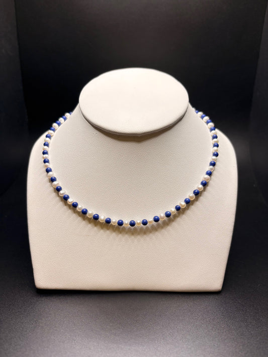 Sterling Silver Blue And Pearl Beaded Necklace