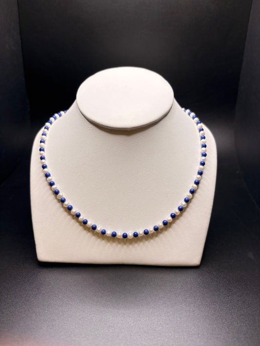 Sterling Silver Blue And Pearl Beaded Necklace