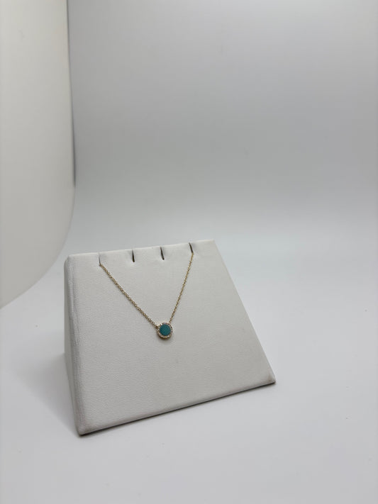 14K Yellow Gold Circular Turquoise Pendant With Diamonds Necklace