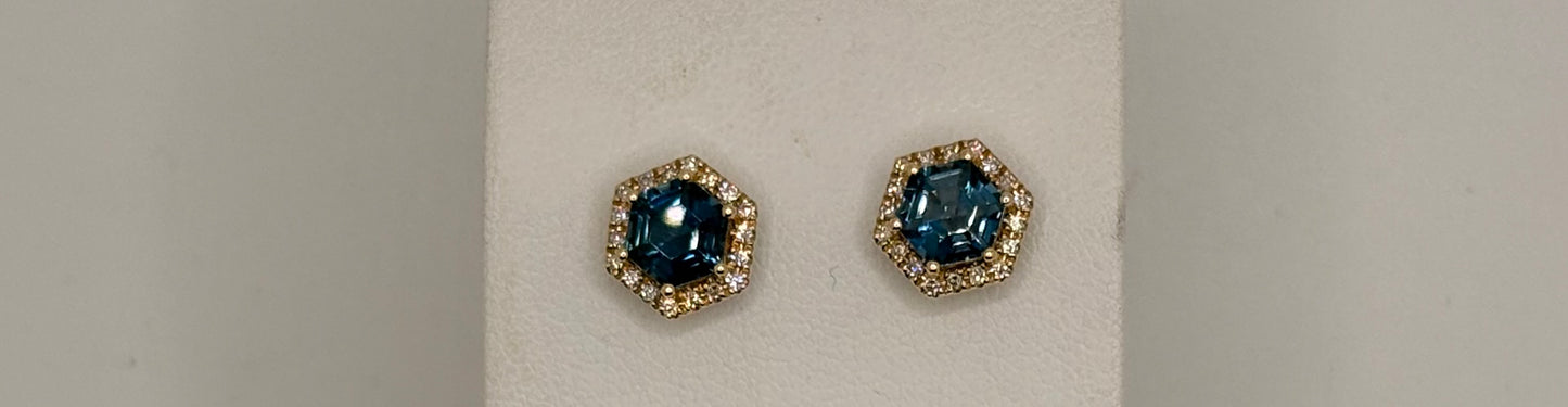 14K Yellow Gold Lab Grown London Blue Topaz Stones With Natural Diamonds Studs