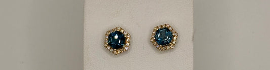 14K Yellow Gold Lab Grown London Blue Topaz Stones With Natural Diamonds Studs