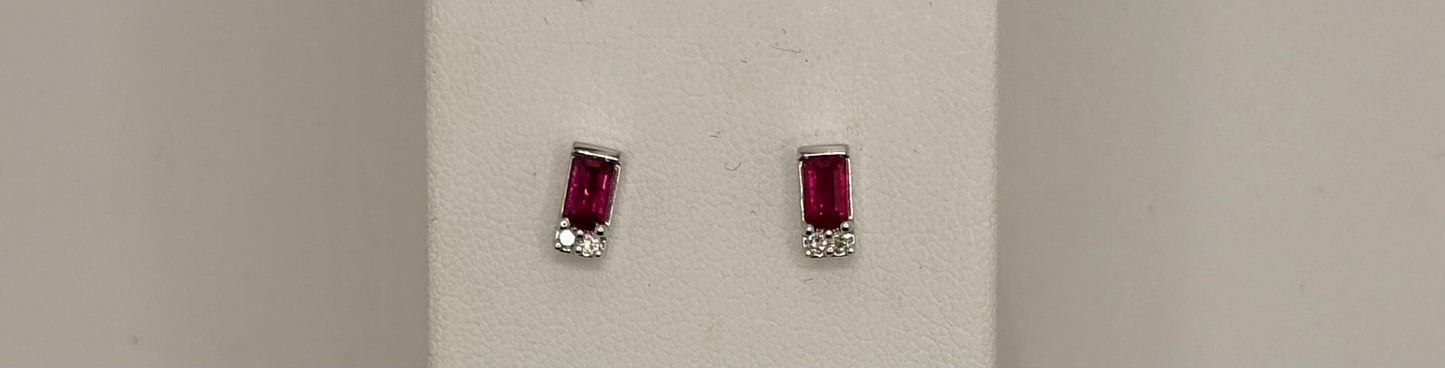 14K White Gold Genuine Ruby Stones With Natural Diamonds Studs