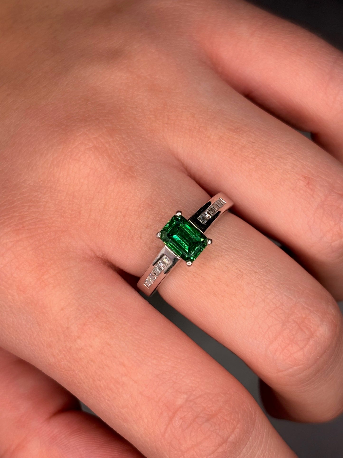 14K White gold Lab grown Emerald Stone With Natural Diamonds Ring