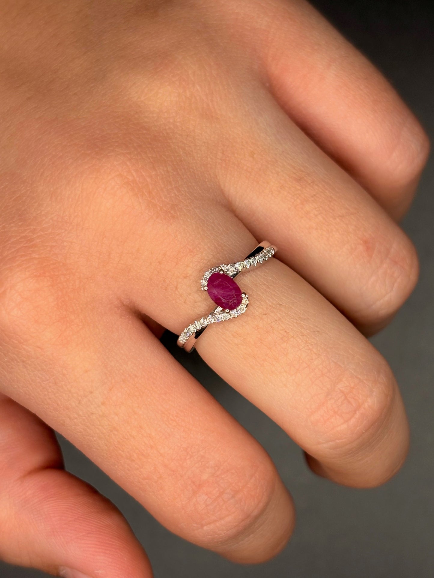 10K White Gold Genuine Ruby Stone With Natural Diamonds Ring