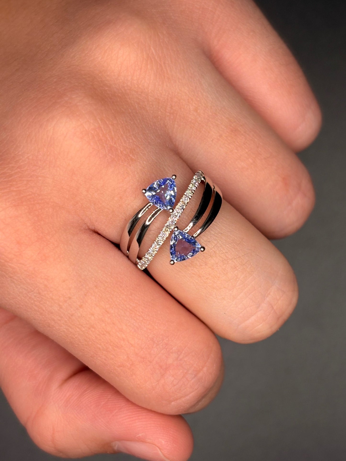 14K White Gold Genuine Tanzinite Stones With Natural Diamonds Ring