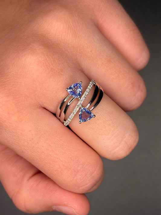 14K White Gold Genuine Tanzinite Stones With Natural Diamonds Ring