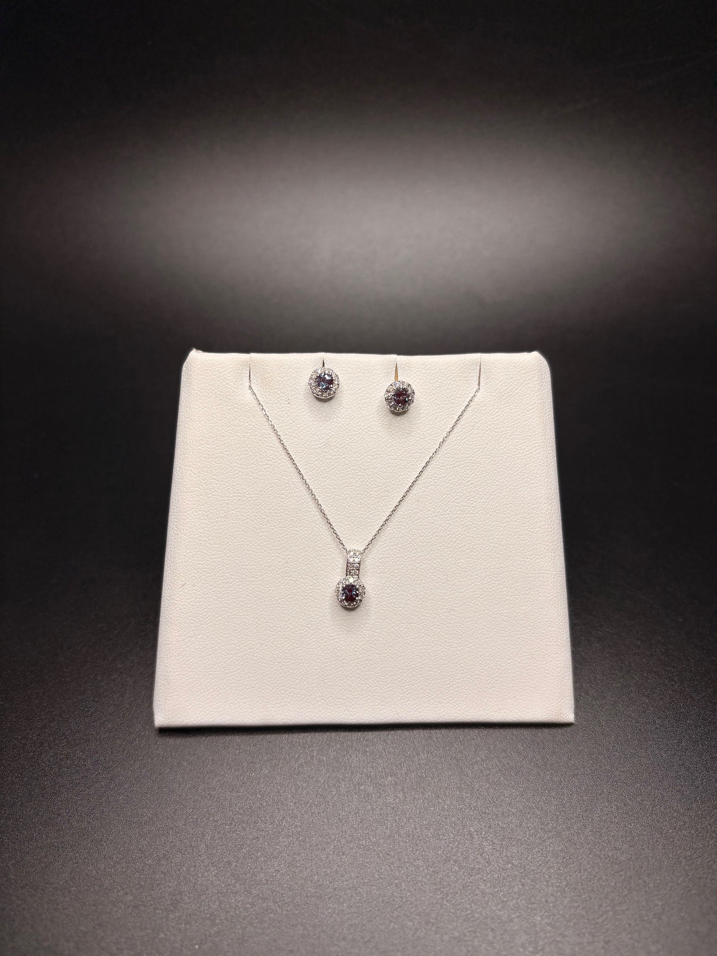 14K White Gold Genuine Alexandrite and Natural Diamond Necklace and Earring Set