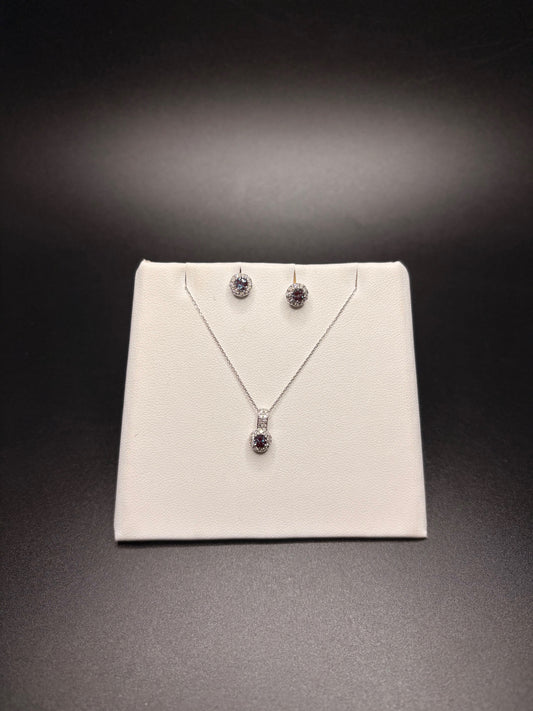 14K White Gold Genuine Alexandrite and Natural Diamond Necklace and Earring Set