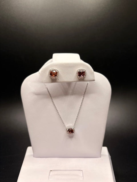 Pink Stone Sterling Silver Cz Necklace and Earring Set