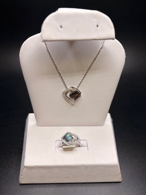 Sterling Silver Abalone Shell Stone 3 Square Ring And Necklace Set
