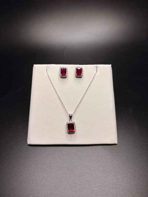 Sterling Silver Imitation Ruby CZ Earring and Necklace Set