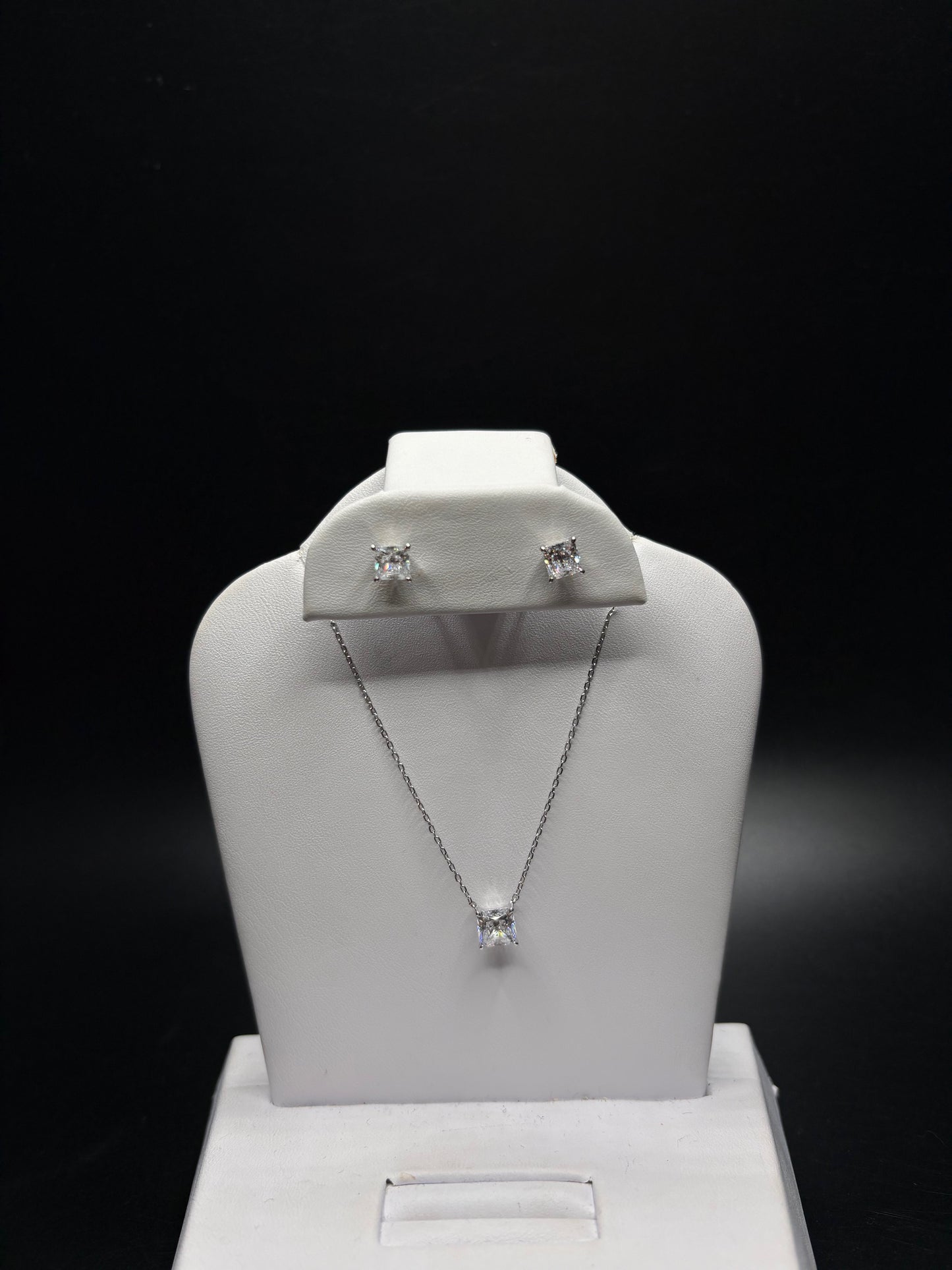 Sterling Silver Princess Cut Necklace And Earring Set