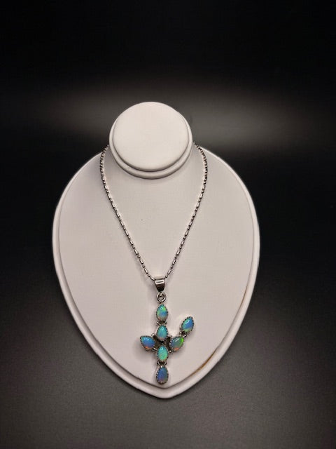 Sterling Silver Blue Opal Cactus Pendant Necklace