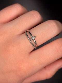 Sterling Silver Double Band With Cross Ring