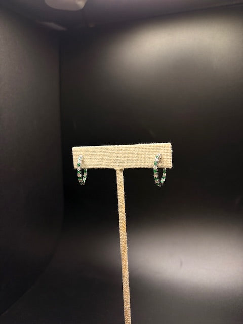 Sterling Silver Cz Imitation Emerald Hoops