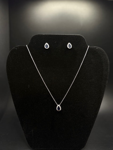 Sterling Silver Cz Imitation Blue Sapphire Necklace and Earring Set