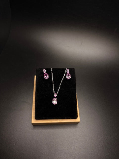 Sterling Silver CZ Imitation Pink Tourmaline Necklace and Earring Set