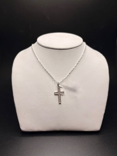 Sterling Silver Cz Textured Cross Necklace