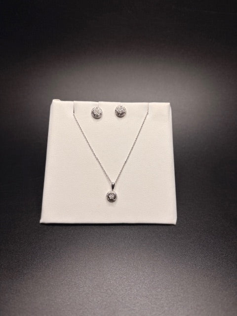 Sterling Silver Natural Diamond Cluster Necklace & Earrings Set