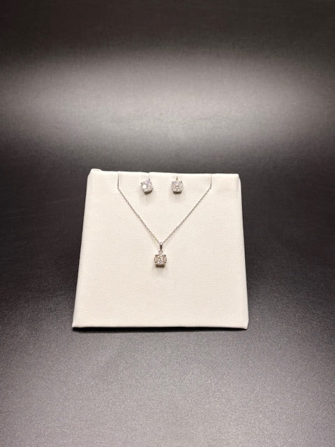 Sterling Silver Natural Diamond Cluster Necklace & Earrings Set
