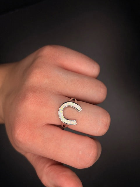 Sterling Silver Lab Grown White Opal Horseshoe Ring