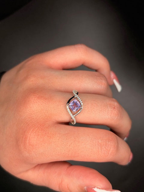 Sterling Silver Cz Genuine Amethyst Ring