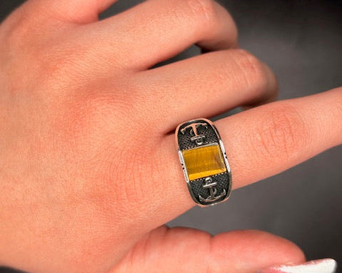 Sterling Silver Genuine Tigers Eye with Anchor Accents Men's Ring