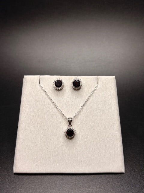 Sterling Silver Cz Genuine Garnet Necklace & Matching Earrings