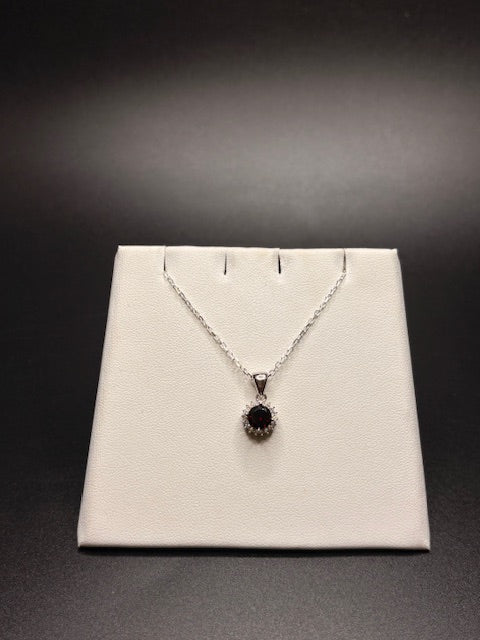 Sterling Silver Cz Genuine Garnet Necklace & Matching Earrings