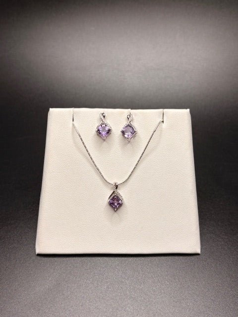 Sterling Silver Cz & Genuine Amethyst Necklace and Matching Earrings