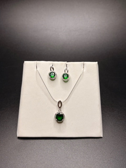 Sterling Silver Cz Imitation Emerald Necklace & Matching Earrings