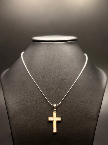 Sterling Silver Lab Created White Opal Cross Necklace