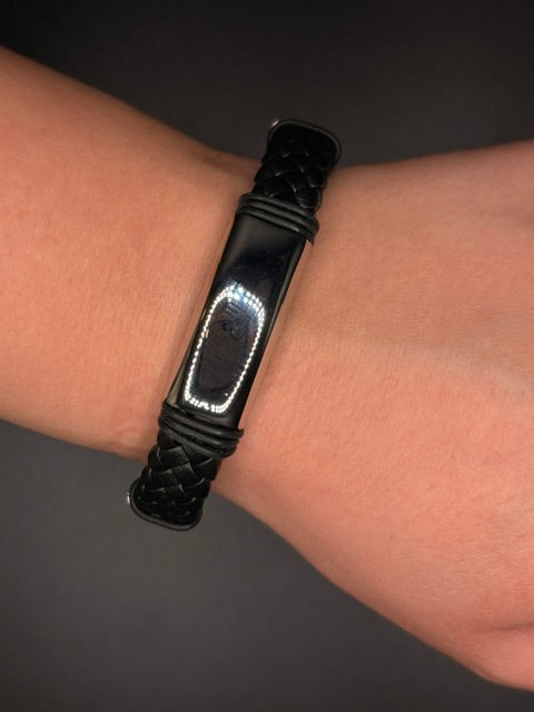 Black Leather Stainless Steel Engraveable ID Bracelet
