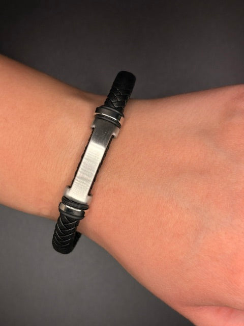 Black Leather Matte Stainless Steel ID Bracelet