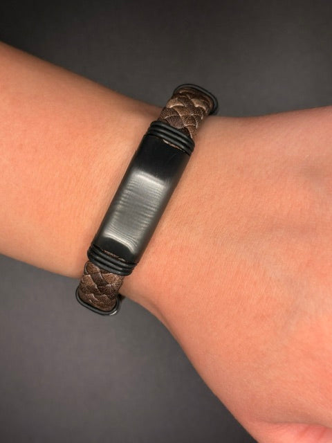 Brown Leather Black Stainless Steel ID Bracelet