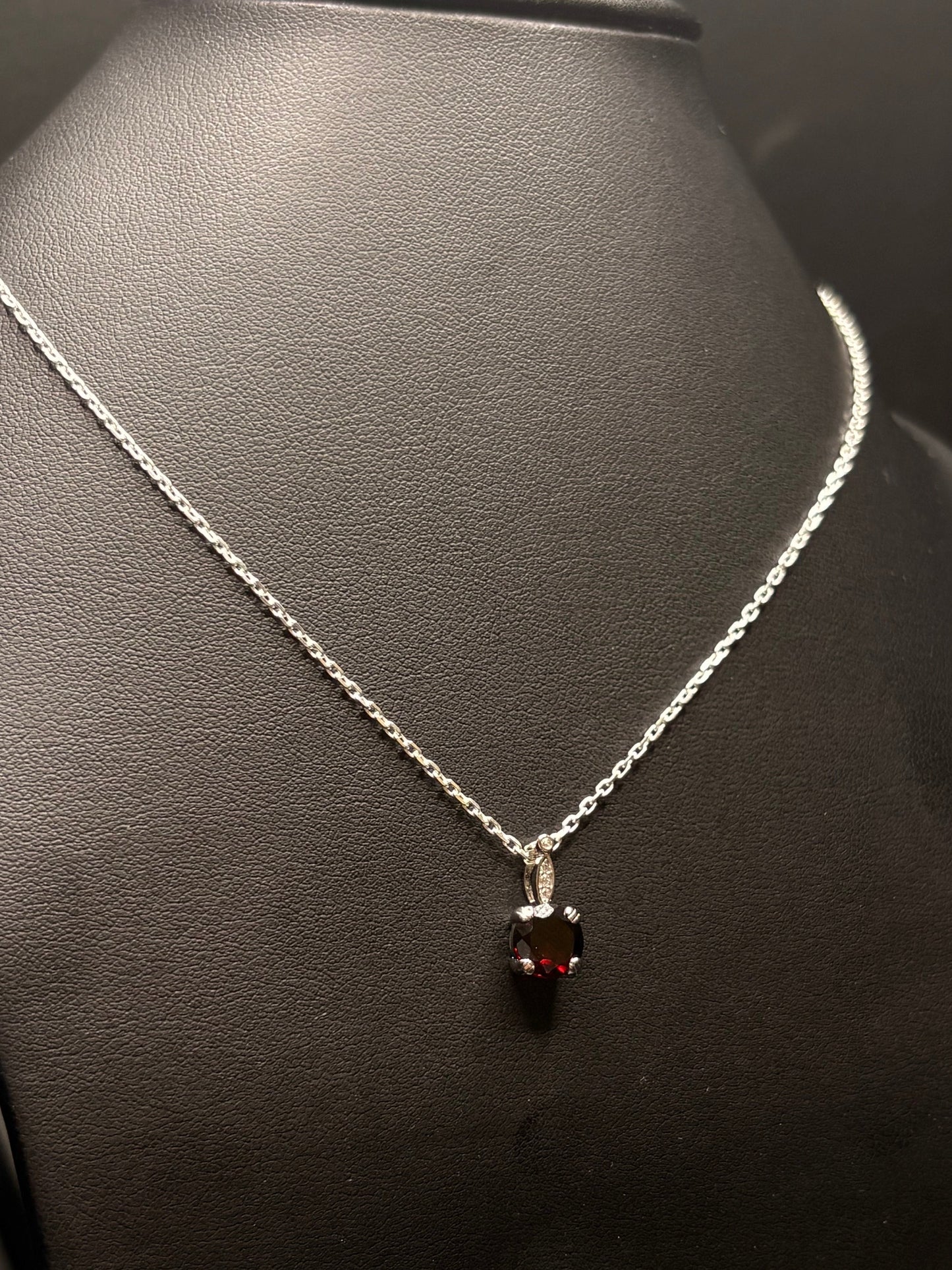 Sterling Silver Genuine Garnet Stone Pendant Cz Necklace
