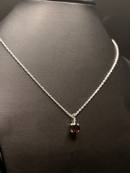 Sterling Silver Genuine Garnet Stone Pendant Cz Necklace