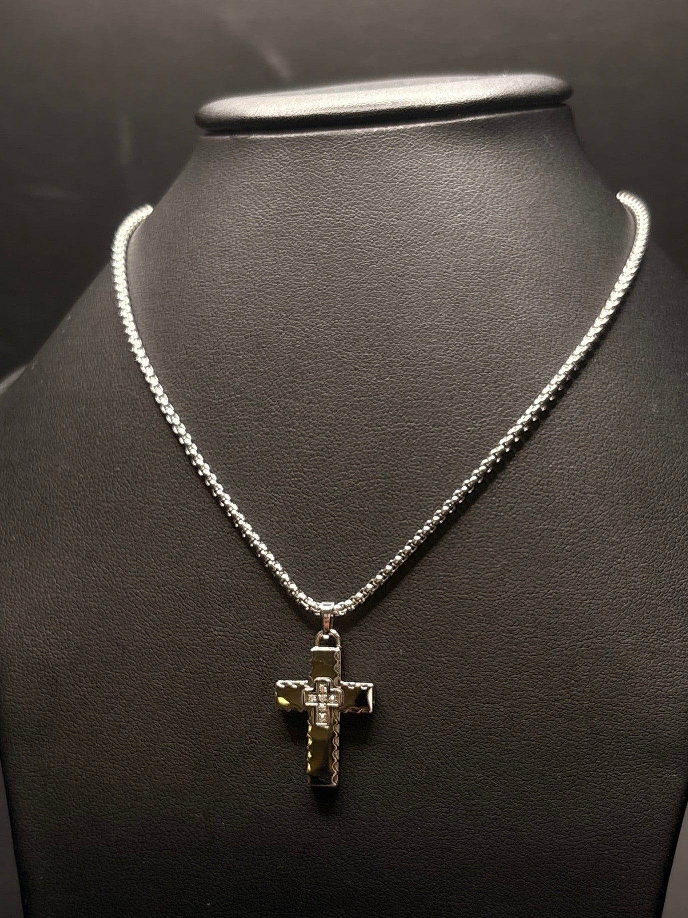 Stainless Steel Textured Cross With Cz's Necklace