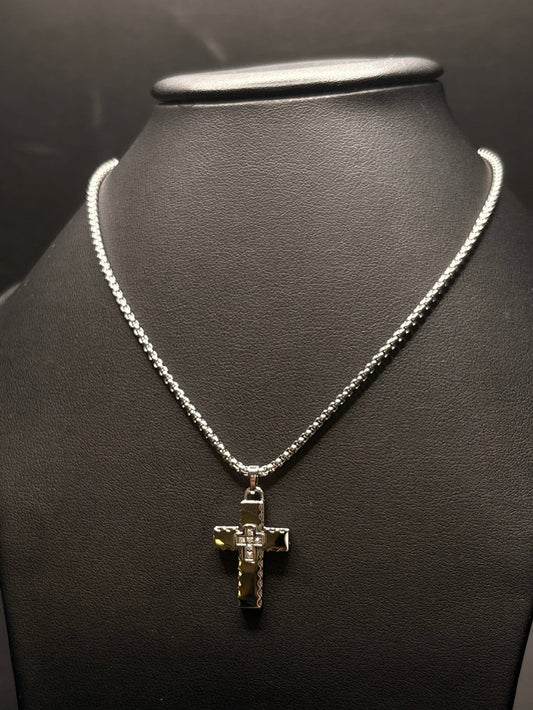 Stainless Steel Textured Cross With Cz's Necklace