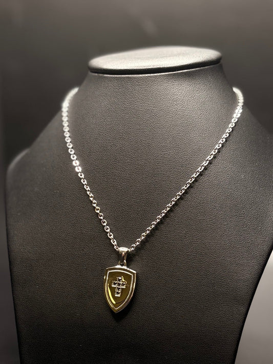 Stainless Steel Shield With Cross And Cz's Necklace