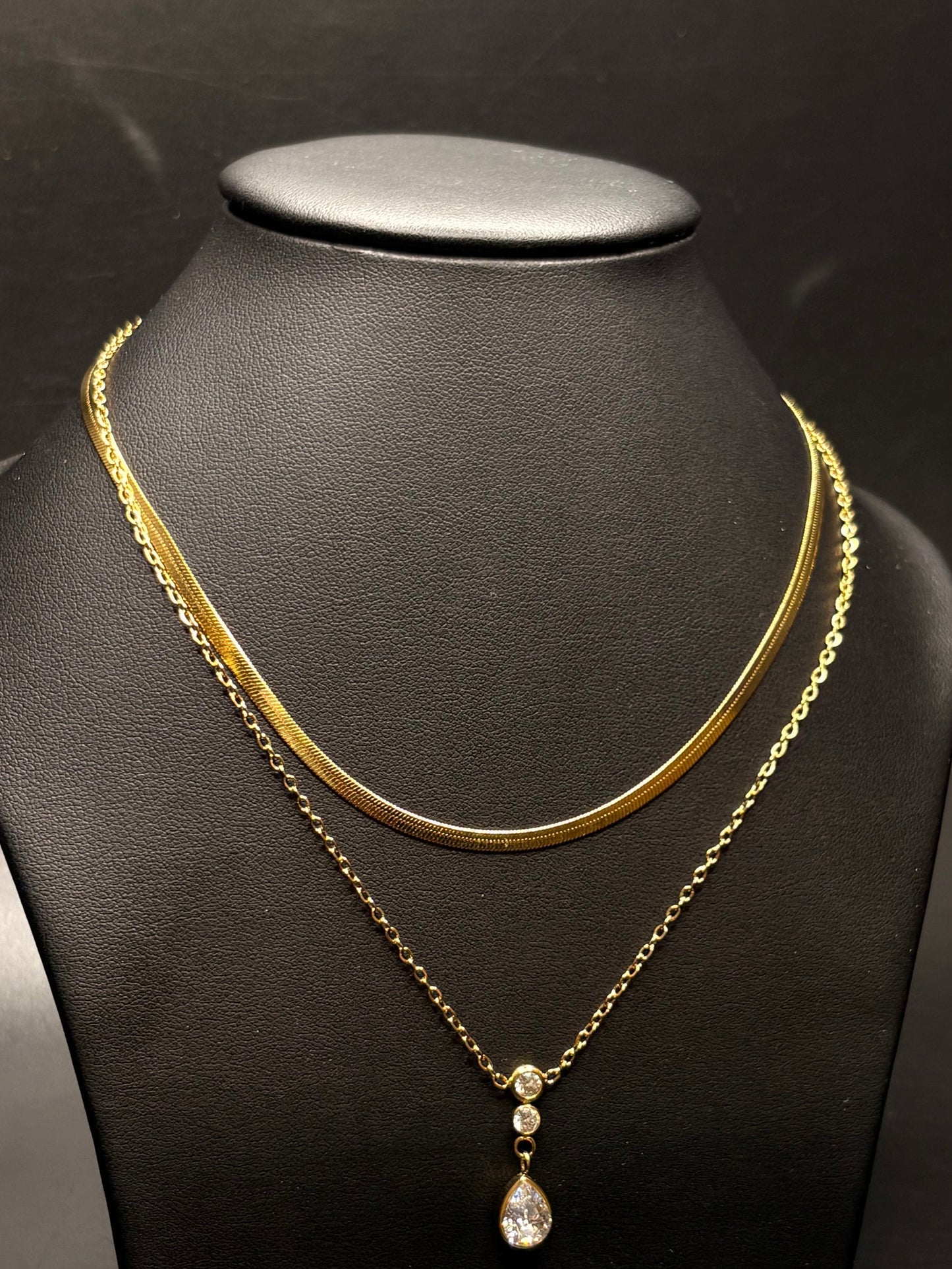 Gold Plated Snake Chain & Cz Pendant Double Necklace