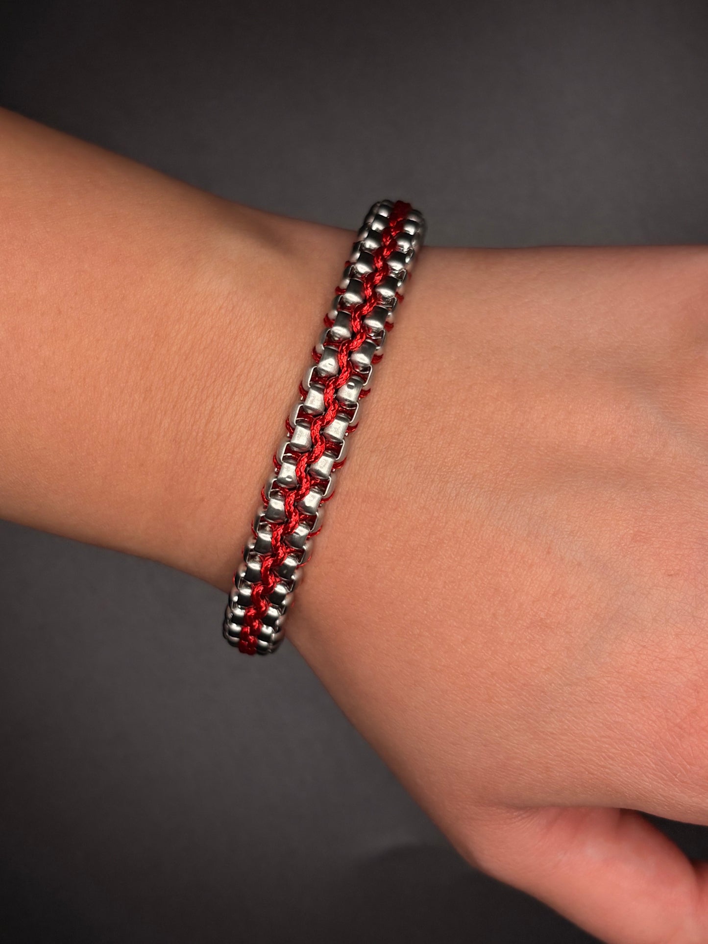Stainless Steel Bracelet with Red Cord