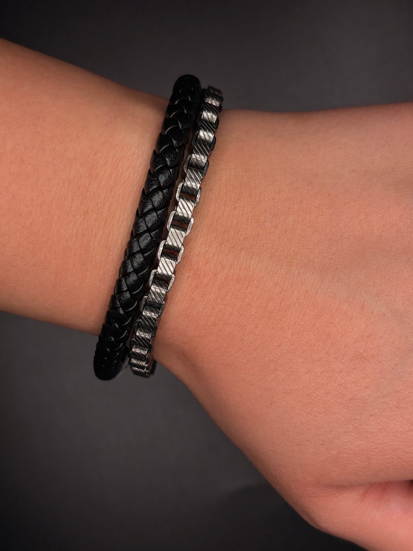 Black Leather and Stainless Steel Chain Bracelet