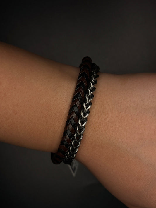 Brown Leather and Stainless Steel Chain Bracelet