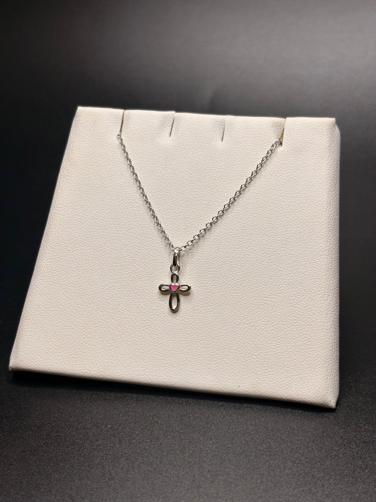 Sterling Silver Pink Enamel Heart Cross Necklace